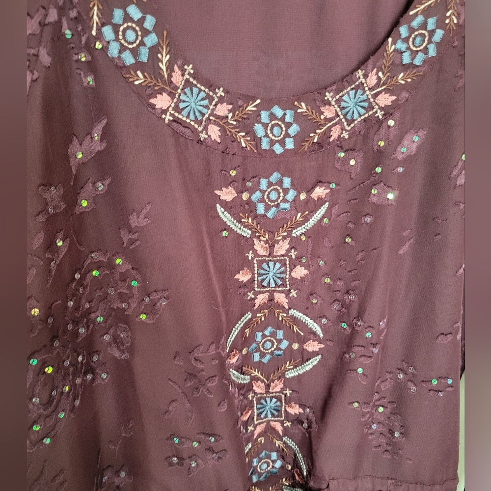 Sundance Burgandy Burnt Velvet Embroidered Sequence Tunic Blouse Size XL - Picture 3 of 8